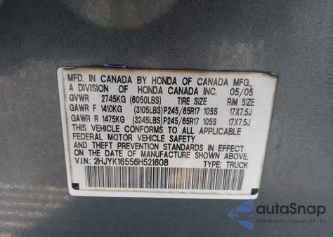 2006 Honda Ridgeline Rtl from USA, damaged, VIN 2HJYK16556H521608